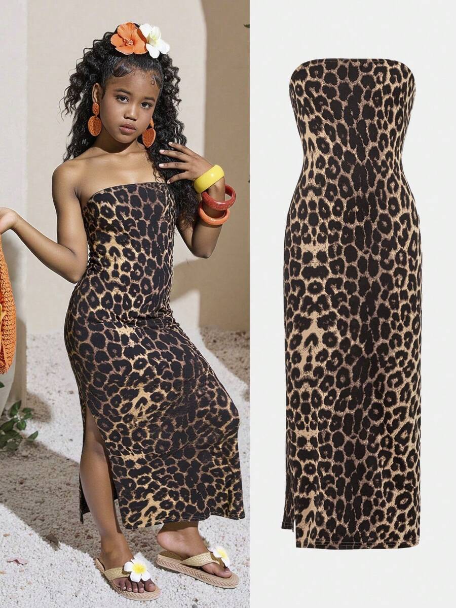 Rochie de vară pentru fete preadolescente, cu imprimeu leopard și crăpături la tiv, croială tubulară