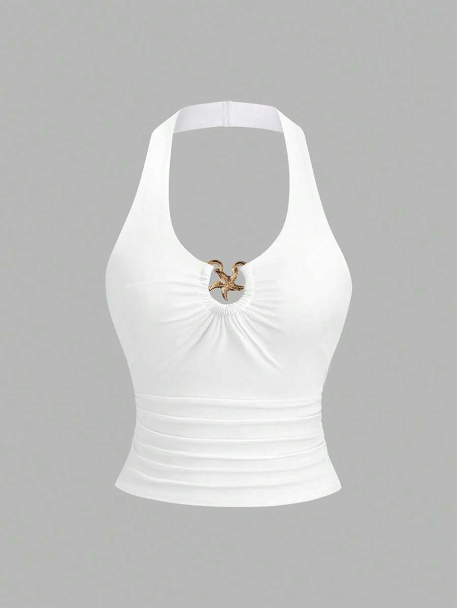 Sweetra Top halter con escote profundo en V, decorado con hebilla de metal, en estilo retro y sensual