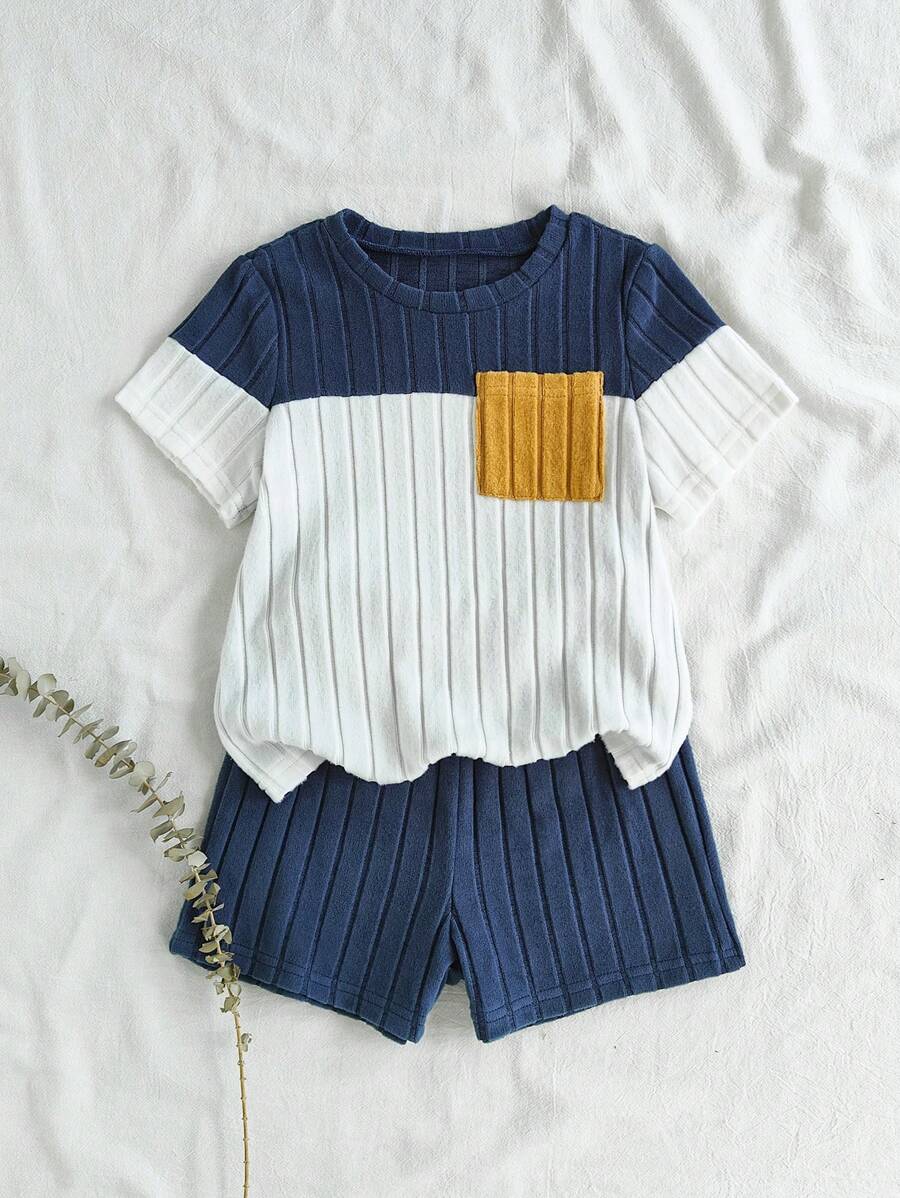 SHEIN Vintaside Kids Toddler Boys' Casual Street Style 2pcs Set, Round Neck T-Shirt + Shorts, Contrast Color Splice Design, Knit Fabric, Daily Outfits