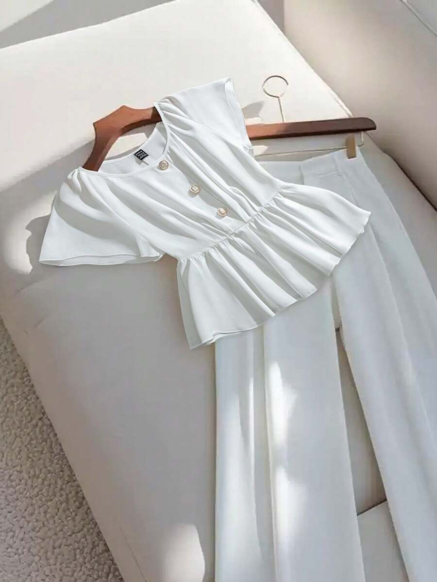 Franclia Elegante camicia a maniche corte che slancia la vita, tinta unita, adatta per l'estate