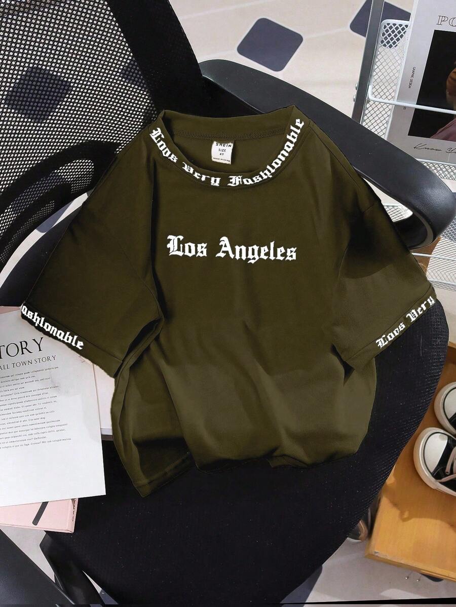 SHEIN BOY Casual Funny English Letter Print Round Neck Short Sleeve T-Shirt, Suitable For Daily Wear, School, Outings, Sports, Spring/Summer Getaway, Holiday, Travel, Relax, Sunbathing, Back To School Season