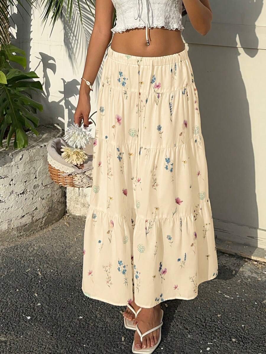 SHEIN EZwear Women's Yellow Floral Print Ruffle Trim Drawstring Waist Casual Holiday Skirt
