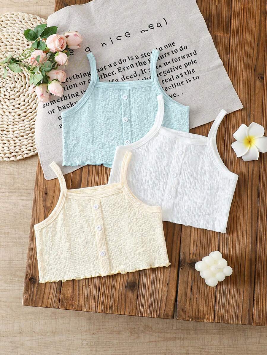 Set da 3 pezzi di canottiere in maglia per ragazze giovani, tessitura stropicciata casual versatile, bianchi, gialli, blu, intimo a strati, primavera/estate