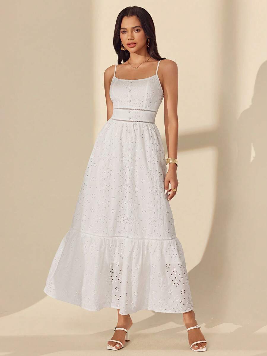 Almamuse Women's Elegant Embroidered Patchwork Midi Slip Dress