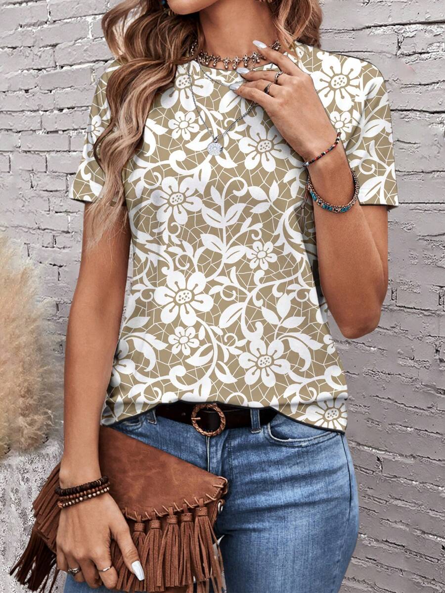 EMERY ROSE Casual Elegant Floral Graphic Round Neck Loose Fit Women T-Shirt