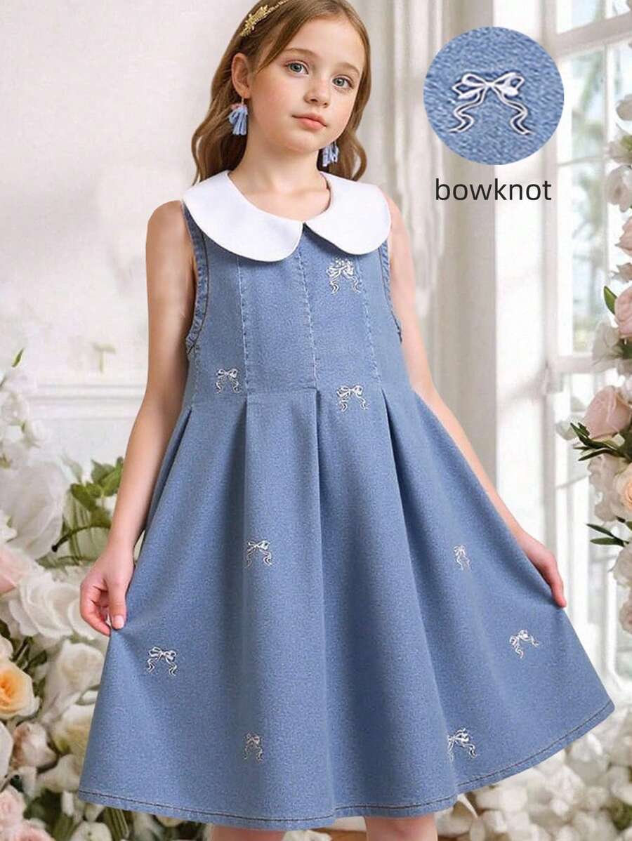 Novo Vestido Denim Infantil Feminino Sem Mangas com Colarinho Peter Pan e Bordado de Borboleta, Vestido Infantil