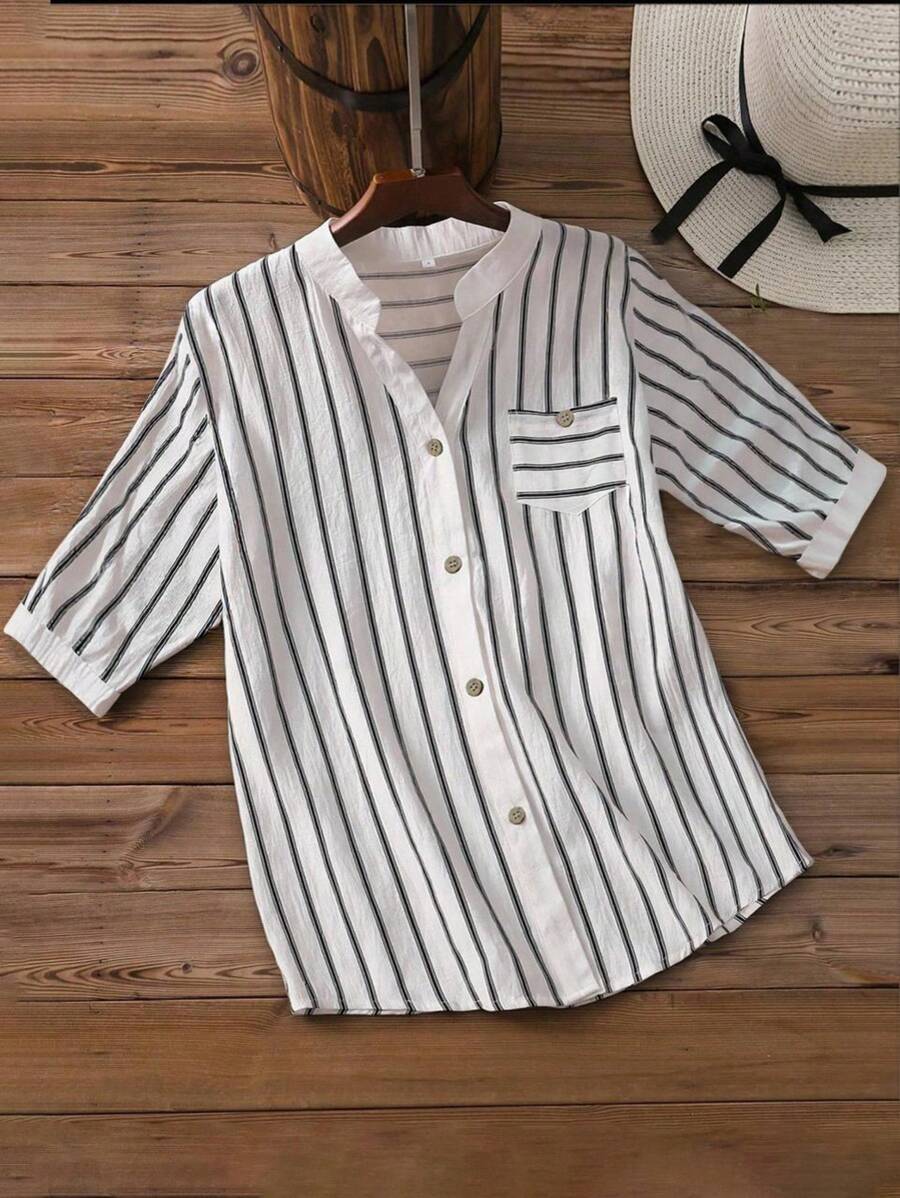 INAWLY Chemise casual rayée simple avec poche et manches courtes avec boutons pour femmes