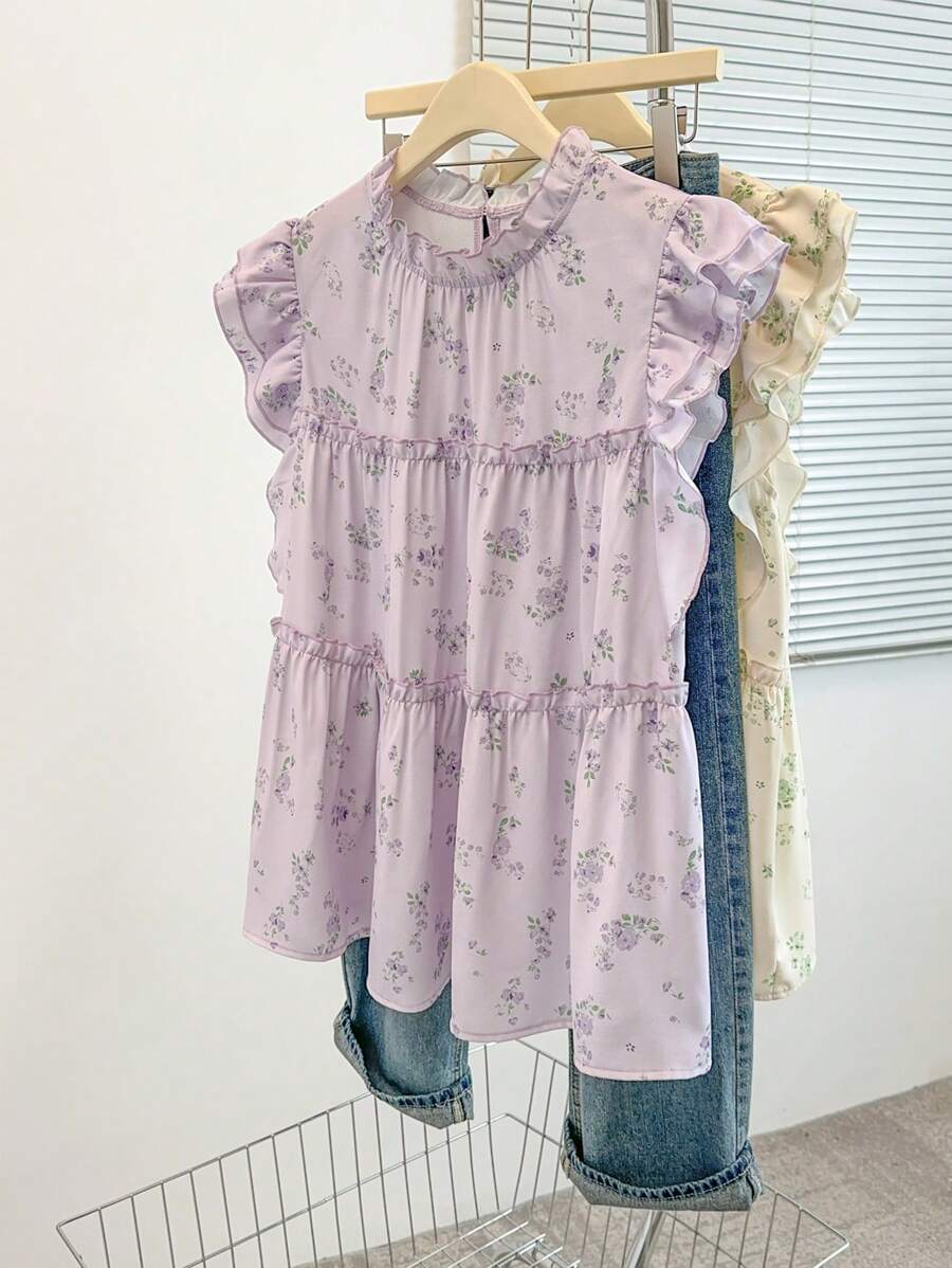 SHEIN Clasi Camicia stampata da donna casual da vacanza con balze, fiori piccoli e senza maniche, camicia casual estiva, camicia floreale, camicia floreale senza maniche con balze
