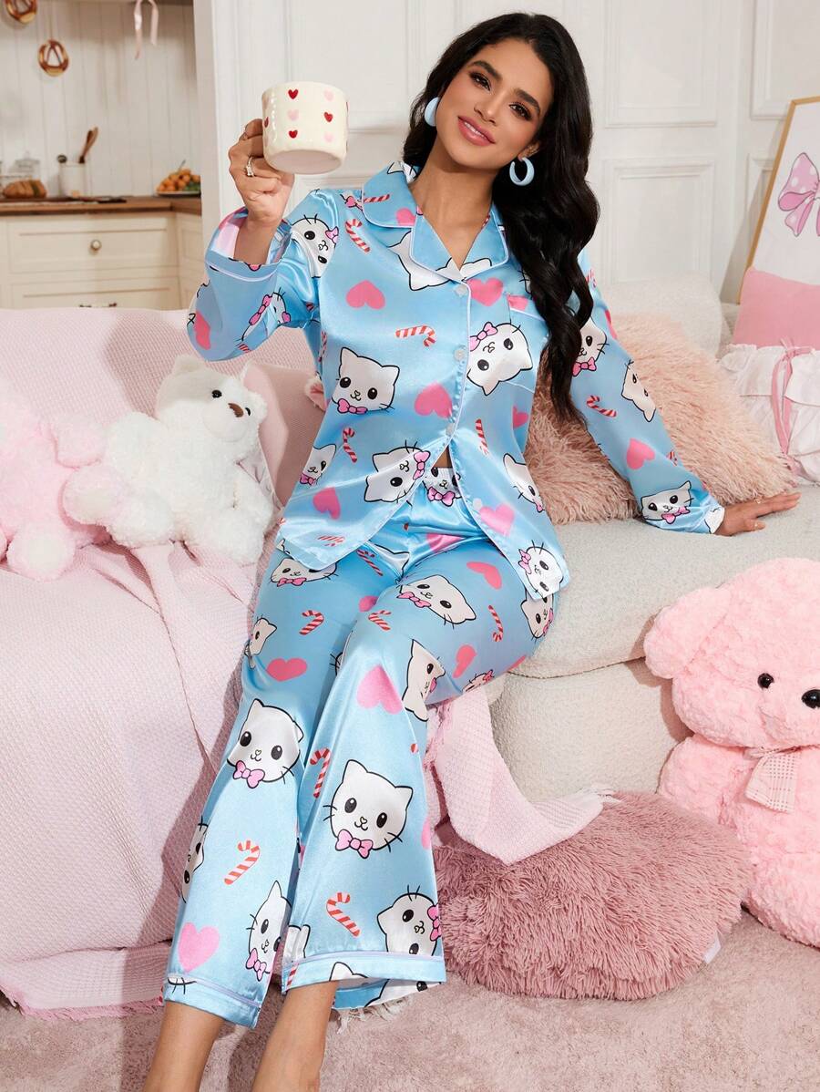 SweetSlumber Set de 2 piezas de pijama de mujer con estampado de gato de dibujos animados y corazón en forma de paleta