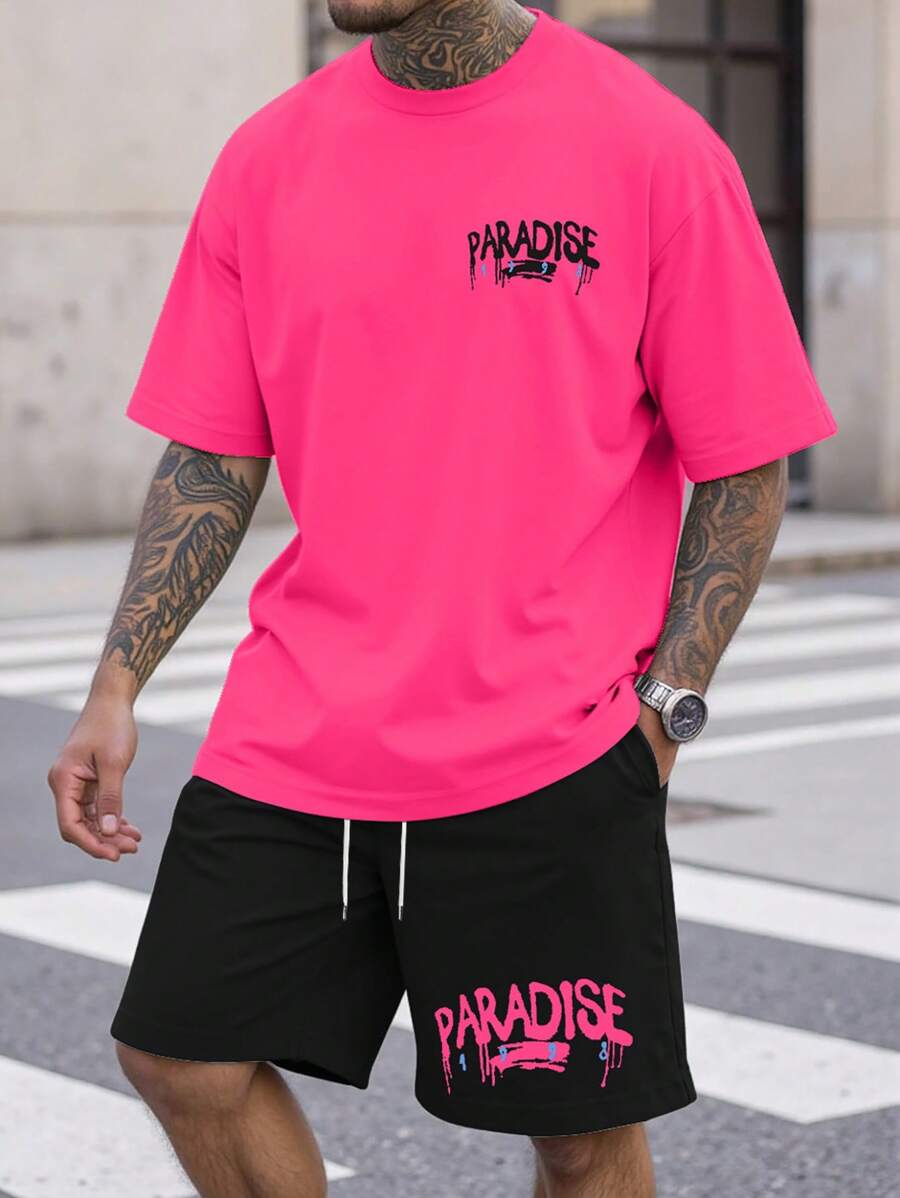 Manfinity LEGND 2 pezzi/Set Taglia grande Uomo maglietta casual a maniche corte con stampa di lettere a girocollo e pantaloncini con coulisse in vita