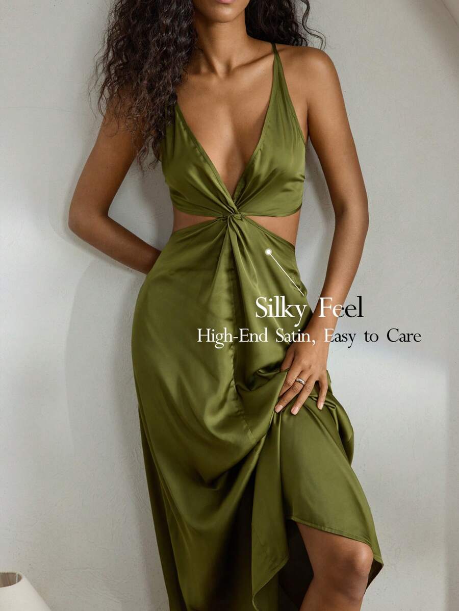 Ocili Ocili Vestido largo de satén sedoso y cómodo con tirantes retorcidos, estilo minimalista, camisón de descanso para damas
