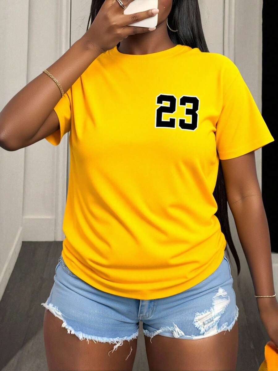 BamGleam Femmes T-shirt à col rond manches courtes ajustées avec impression numérique 23 décontractée