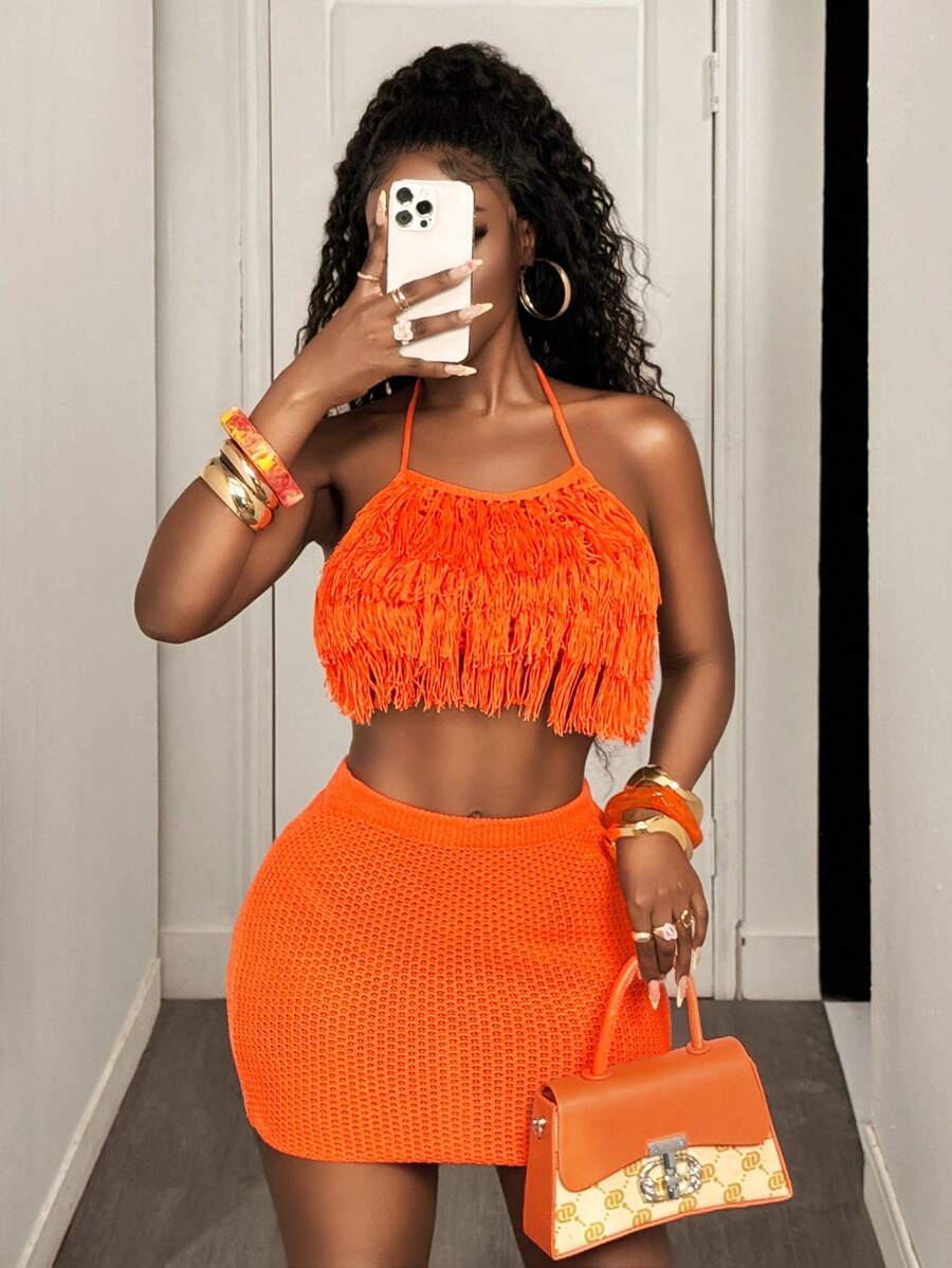 BamGleam Conjunto de dos piezas de jersey para mujer, top de punto sin mangas, tirantes con flecos, falda corta, ajustada naranja, sexy para vacaciones, fiestas en la playa, ropa de mujer para primavera y verano