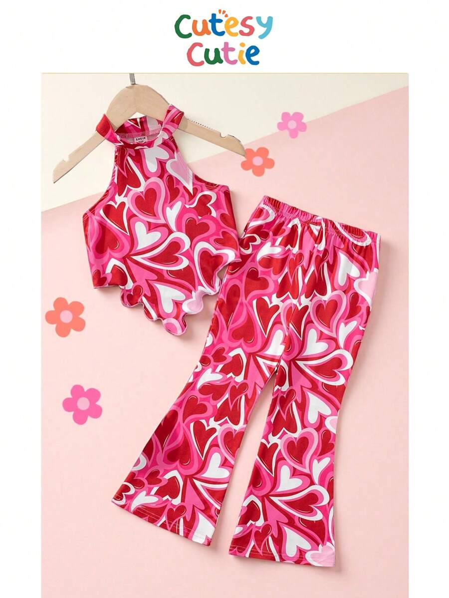 SHEIN Joven chica top sin mangas con cuello halter y pantalones acampanados de moda