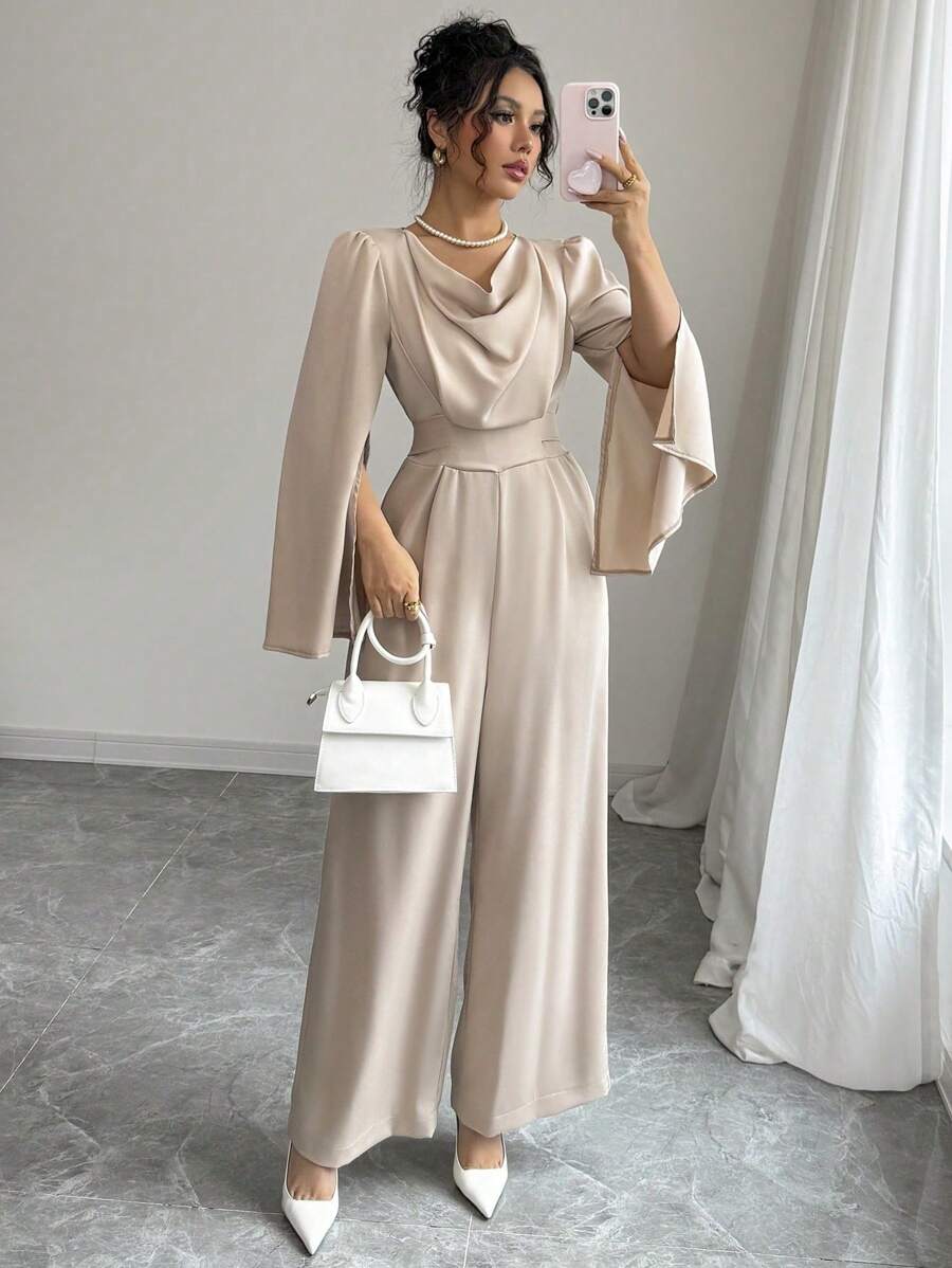 Elenzga Women's Elegant Draped Neck Cinched Waist Satin Jumpsuit
