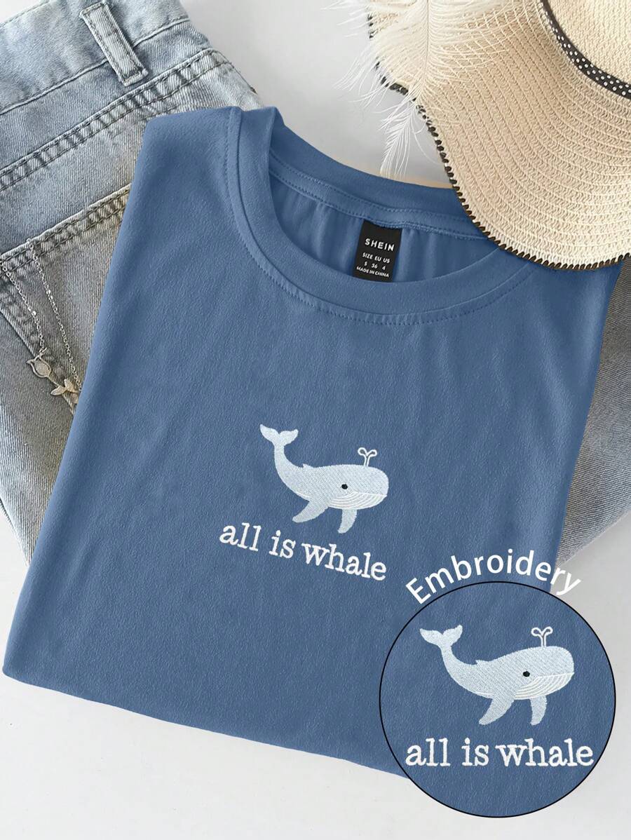 INAWLY maglietta con scollo a equipaggio ricamata con balena e slogan