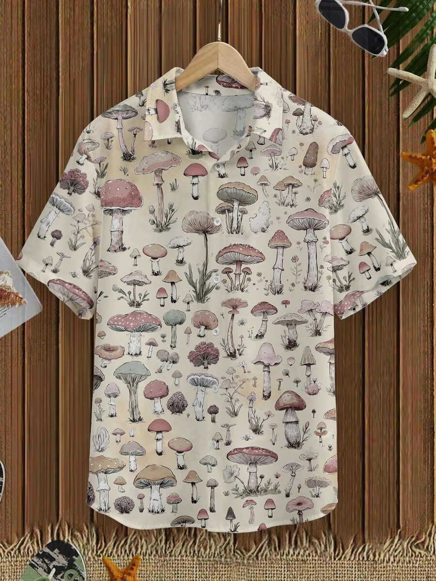 Manfinity RSRT Men's Summer Mushroom Print Single-Breasted Casual Short Sleeve Shirt