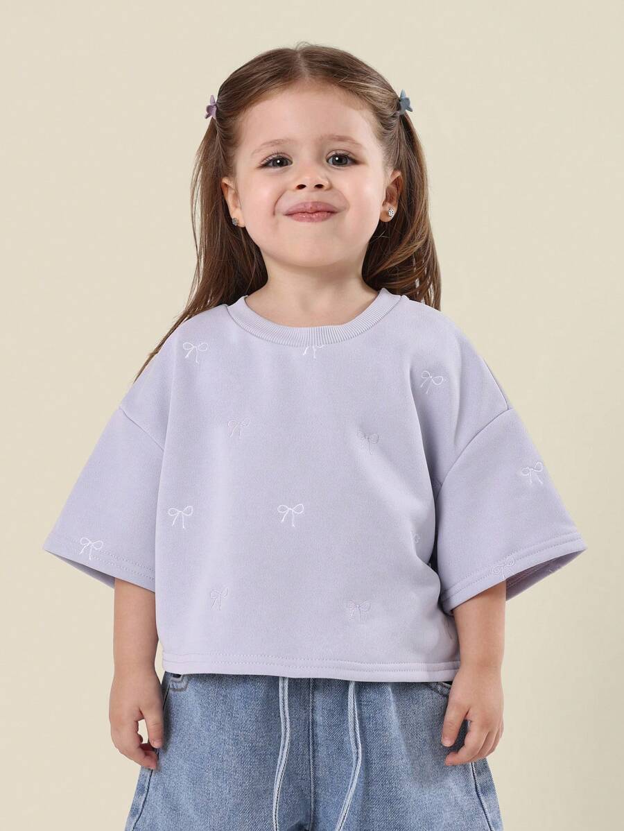 SUMWON Delicate Bow Embroidered Crop T-Shirt Girls Oversized Casual Short Sleeve Summer Spring Weekend Holiday Playtime Tee