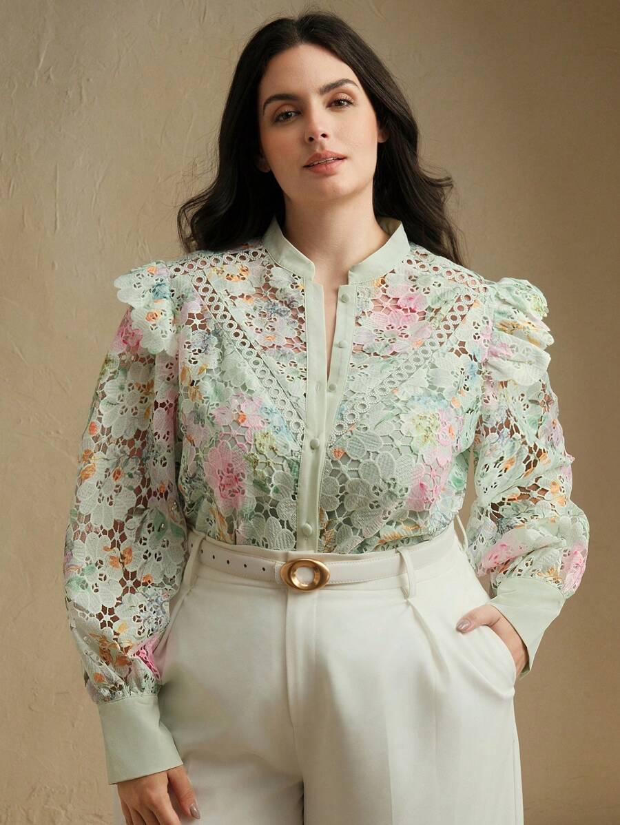 Anewsta Camicia elegante da donna per vacanze, collo alla coreana, stampa floreale in pizzo, manica lunga, con inserti in pizzo e volant sulla gonna, adatta per l'estate