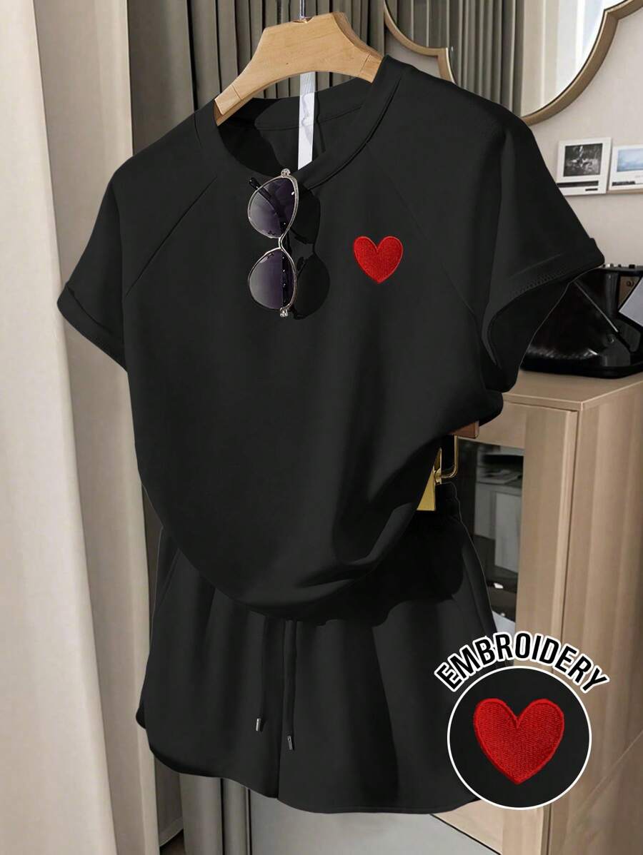 INAWLY Plus Size Women 2 Pieces Set, Casual Elegant Heart Embroidered Pattern