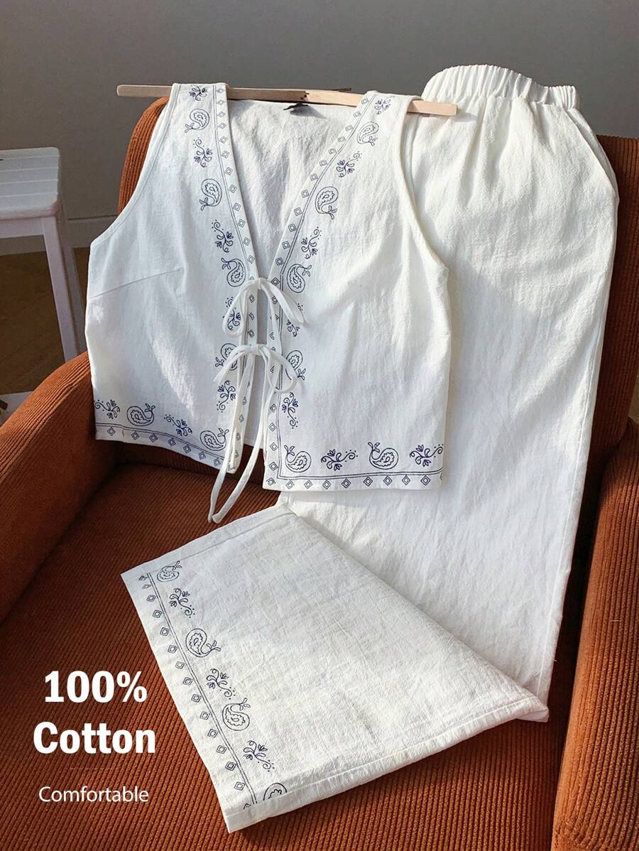 Comfortcana Summer Bohemian White Woven Print 2-Piece Outfit ,2 Piece Cotton Sets Women ,Summer Pants Sets
