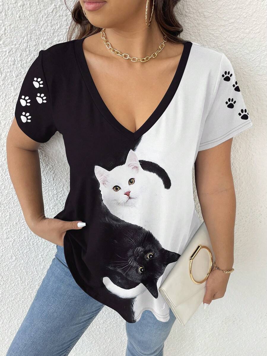 SHEIN LUNE Contrast Color Cat Animal Print Plus Size Short Sleeve T-Shirt