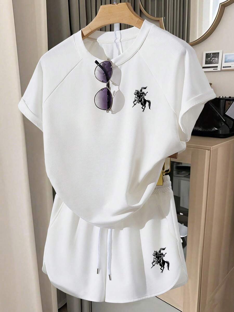 INAWLY 1 Set Women's Casual Raglan Sleeve Loose Short Sleeve T-Shirt, Knight Pattern