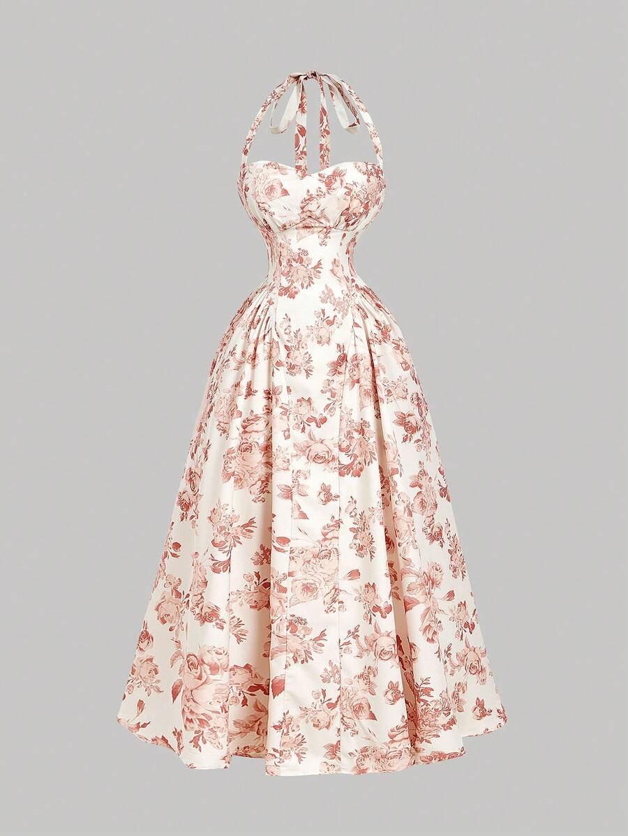 SHEIN MOD Vestido de longitud media con estampado floral romántico y cuello de halter para mujer