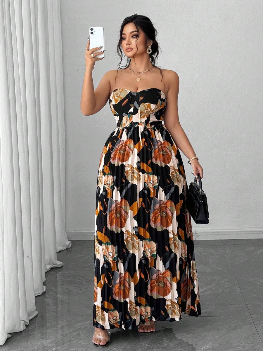 Elenzga Plus Size Women's Summer Vacation Elegant Romantic Digital Print Bandeau Ruched A-Line Long Dress