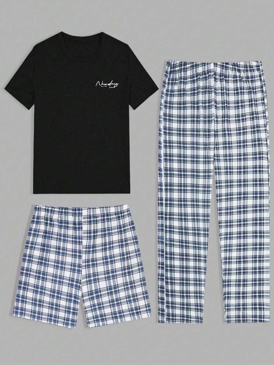 RueChic Set de ropa de estar en casa de 3 piezas para hombres con camiseta, pantalón corto y pantalones regulares impresos con cuadros de algodón
