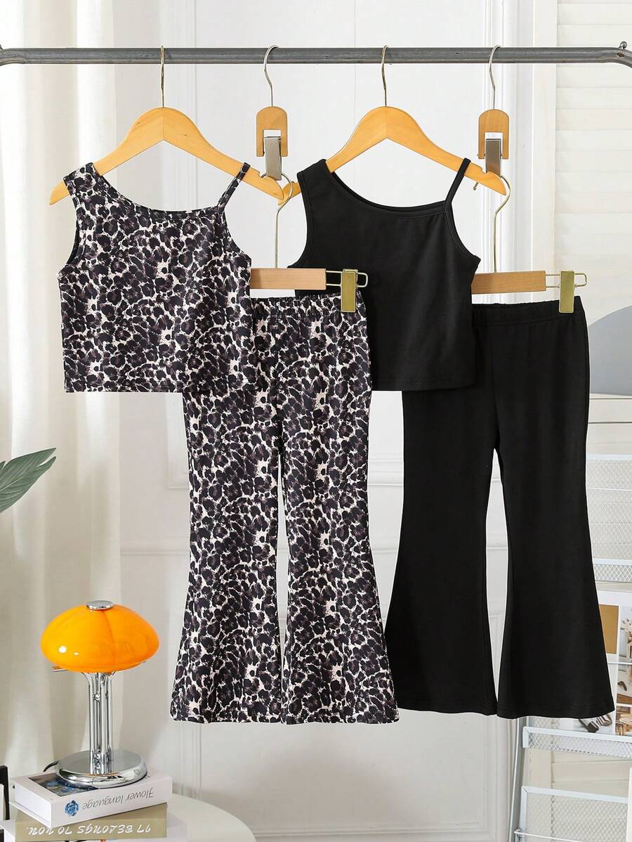 4pcs/Set Young Girl' Vacation Casual Leopard Print Match Solid Color Vest & Wide Leg Pants Outfit