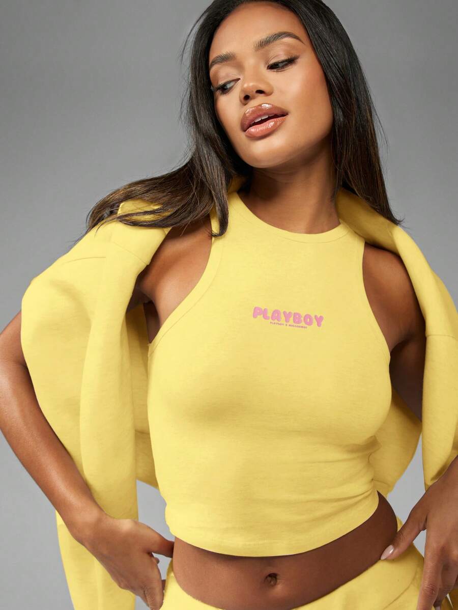 Missguided x Playboy MISSGUIDED Camiseta sin mangas tipo deportivo con espalda de tirantes para entrenamiento, correr, verano, de algodón para mujer