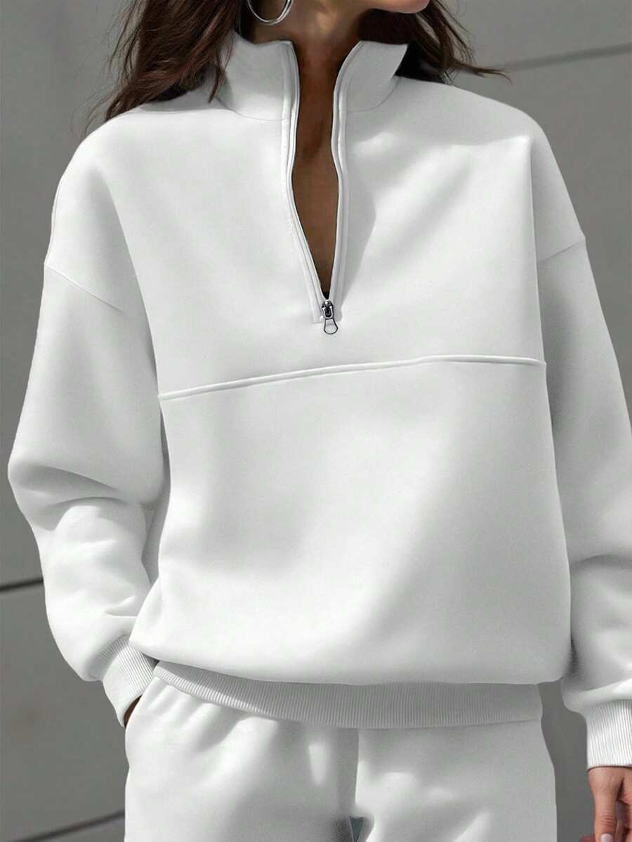 SHEIN EZwear Sudadera con cremallera de manga larga y color liso para mujer, de estilo sencillo y de moda