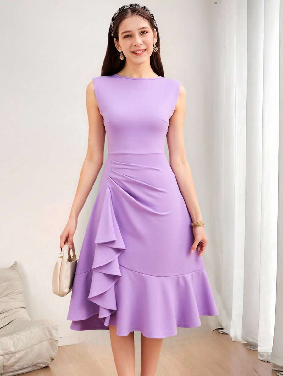 SHEIN Vestido largo de fiesta elegante de unicolor sin mangas con volantes y encaje para adolescentes, ideal para fiestas, citas y eventos familiares importantes