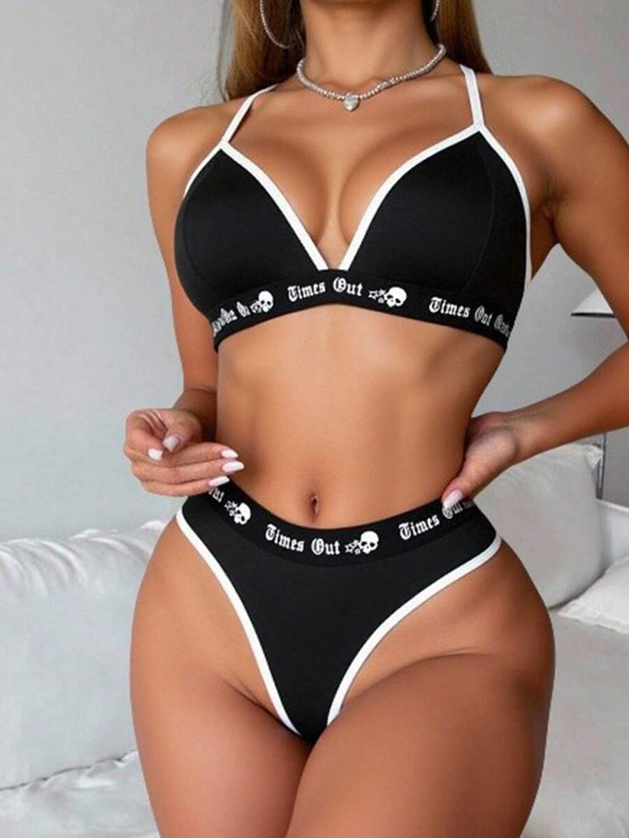 ROMWE Goth Conjunto de lencería tipo bralette y tanga de color oscuro con estampado de jacquard, estilo gótico academia