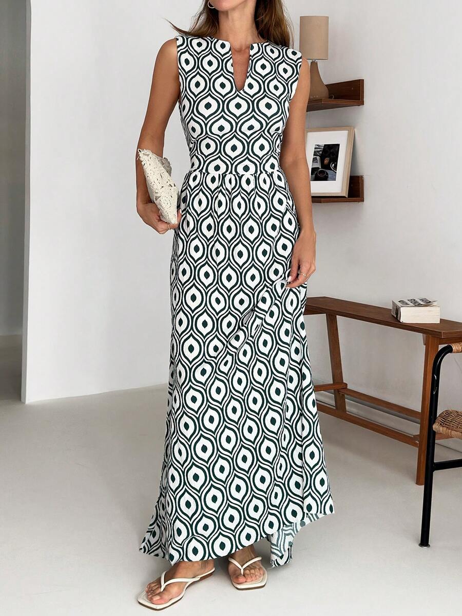 SHEIN Vestido corto de mujer con cuello en V, sin mangas, con estampado todo sobre todo, de textura, para primavera y verano, atuendo diario
