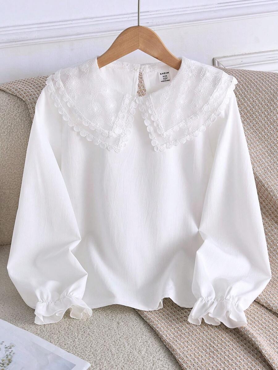 Blusa casual de manga larga con bordado floral elegante y ribete de encaje para niñas, para primavera/otoño
