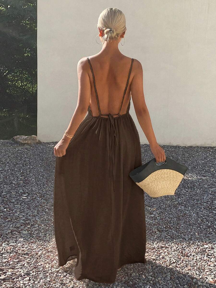 DAZY Vestido casual de longitud media sin espalda con lazo y sin mangas de color liso para mujer de vacaciones