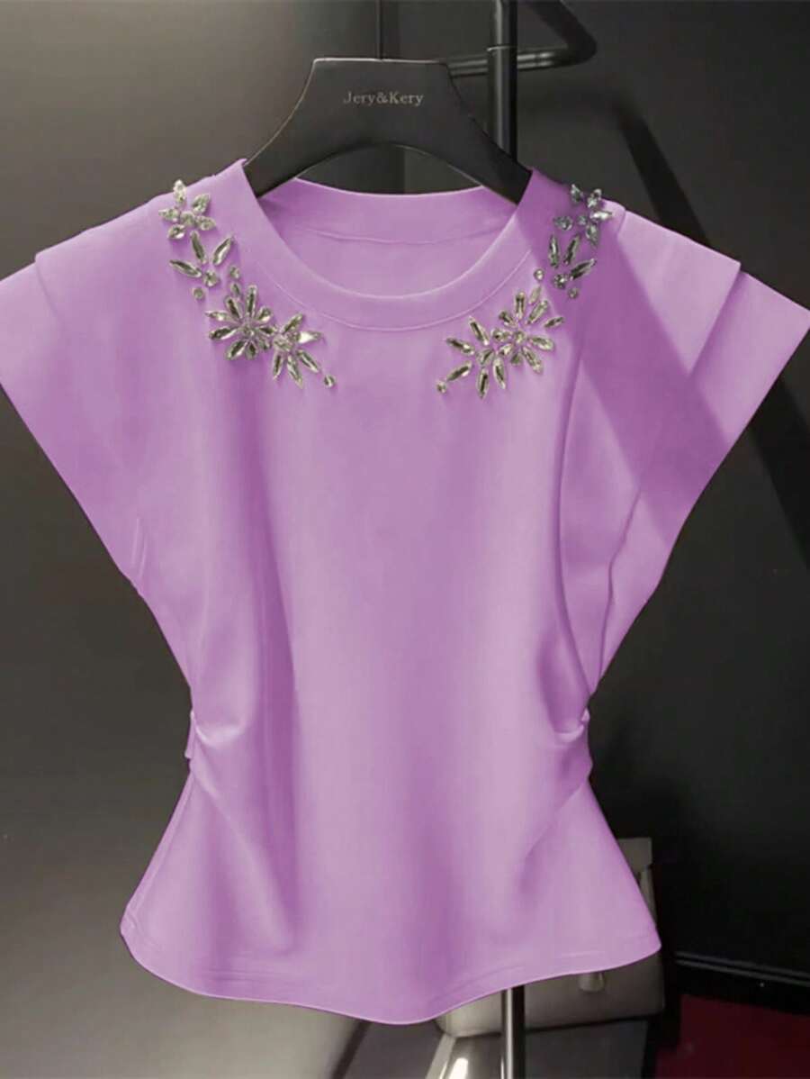 Franclia Women's Crew Neck Waist Cinch Cap Sleeve Summer Casual Purple T-Shirt
