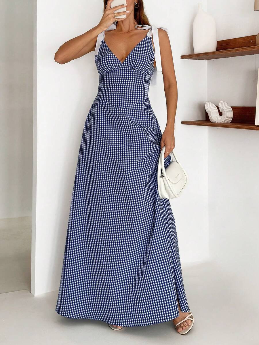 SHEIN Vestido largo de mujer para primavera y verano con hombros con lazo, alegre, para viaje y vacaciones, estampado de cuadriculado, corte evasé