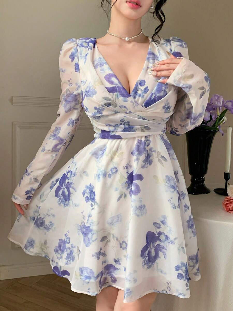 DAZY Robe courte d'été à manches longues col V avec motif floral tout-sur-tout, style vacances pour femmes