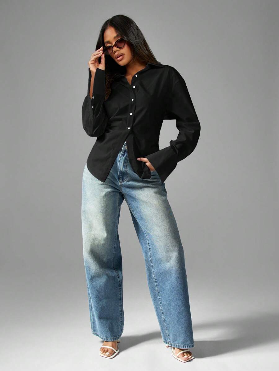 MISSGUIDED Camicia di cotone con bottoni e maniche lunghe, adatta per l'ufficio e ambienti professionali, blusa con colletto
