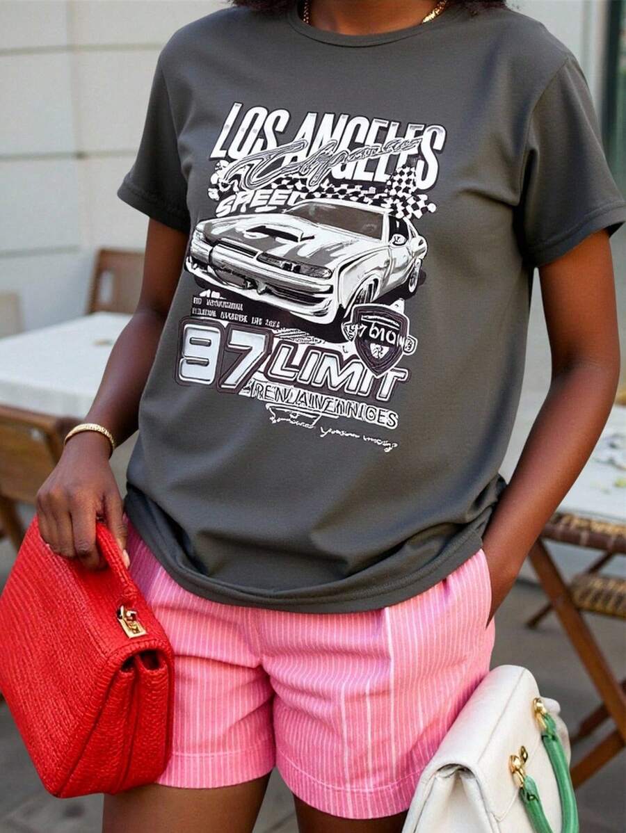 SHEIN Teen Girls Car & Letter Graphic Tee