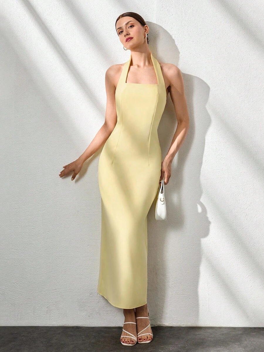 CLARA VERO Vestidos largos de mujer de unicolor con escote halter y espalda descubierta