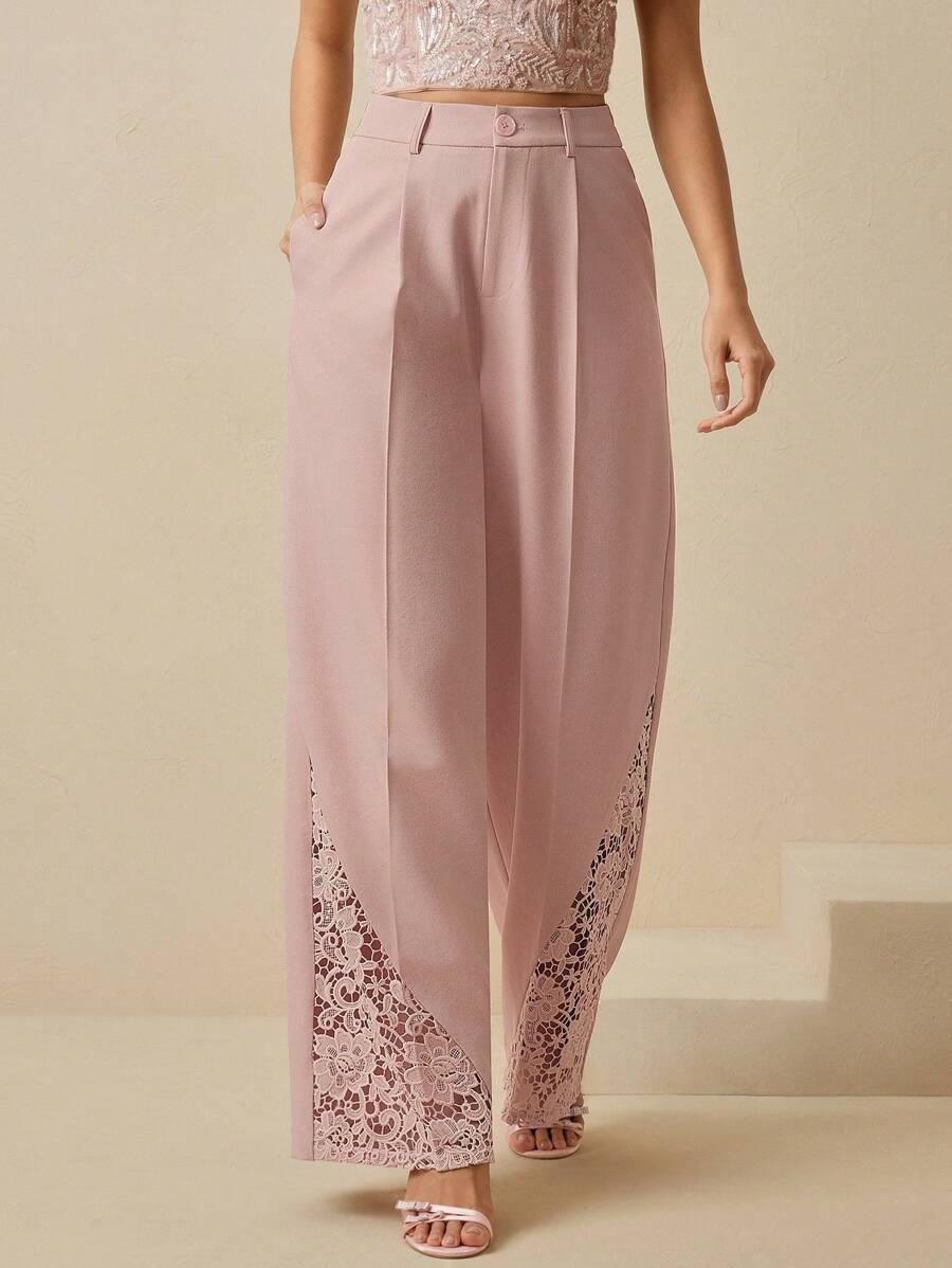 Anewsta Pantalon évasé élégant et intellectuel avec patchwork en dentelle ajourée rose, taille haute amincissante pour l'été