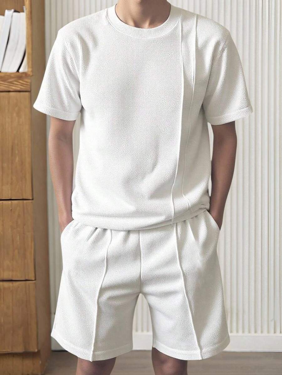 SHEIN Vintaside Kids Conjunto de camisetas casuales holgadas de tela con textura de gofre, cómodas, adecuado para uso casual diario, para adolescentes y hombres jóvenes