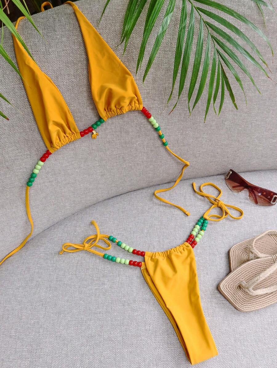 MUSERA Bead Waist Triangle Charm Detail Bikini Set Spring, Summer, Ibiza, Holiday, Cute, Festival, Vacation Beachwear, Boho