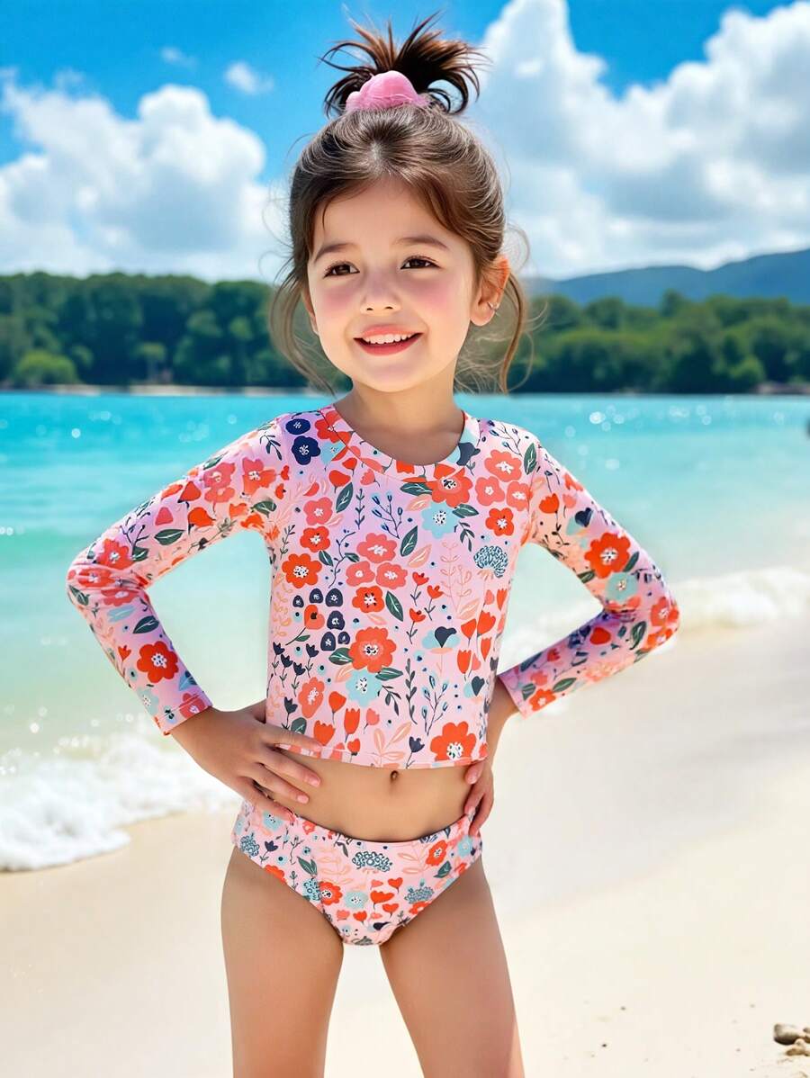 Set da 2 pezzi Tankini costume da bagno con stampa floreale tropicale per bimbe piccole, abbinati alle sorelle (venduti separatamente)