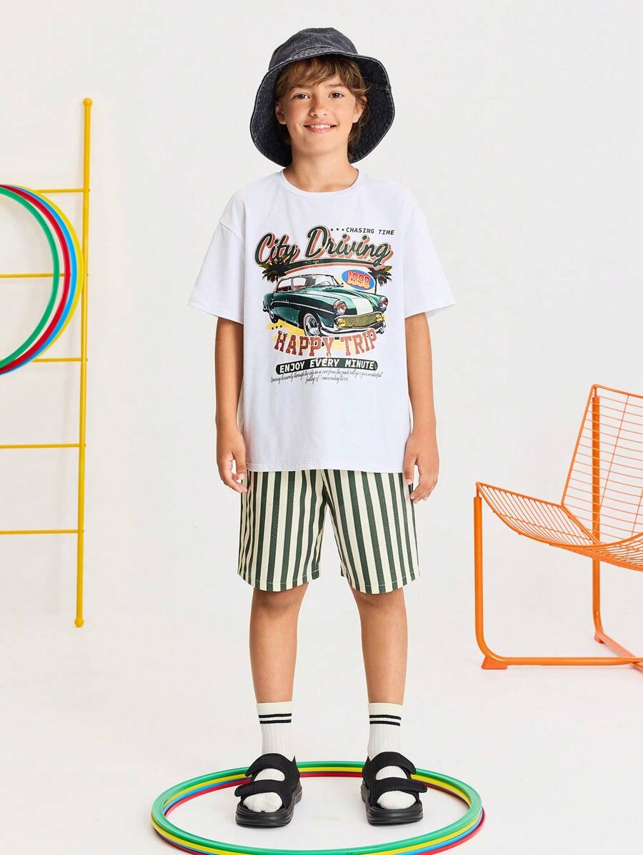 Leap Crew Leap Crew Set per ragazzi pre-adolescenti composto da maglietta a maniche corte con collo tondo, spalle scese, e pantaloncini a righe, look casual e minimalista, confortevole