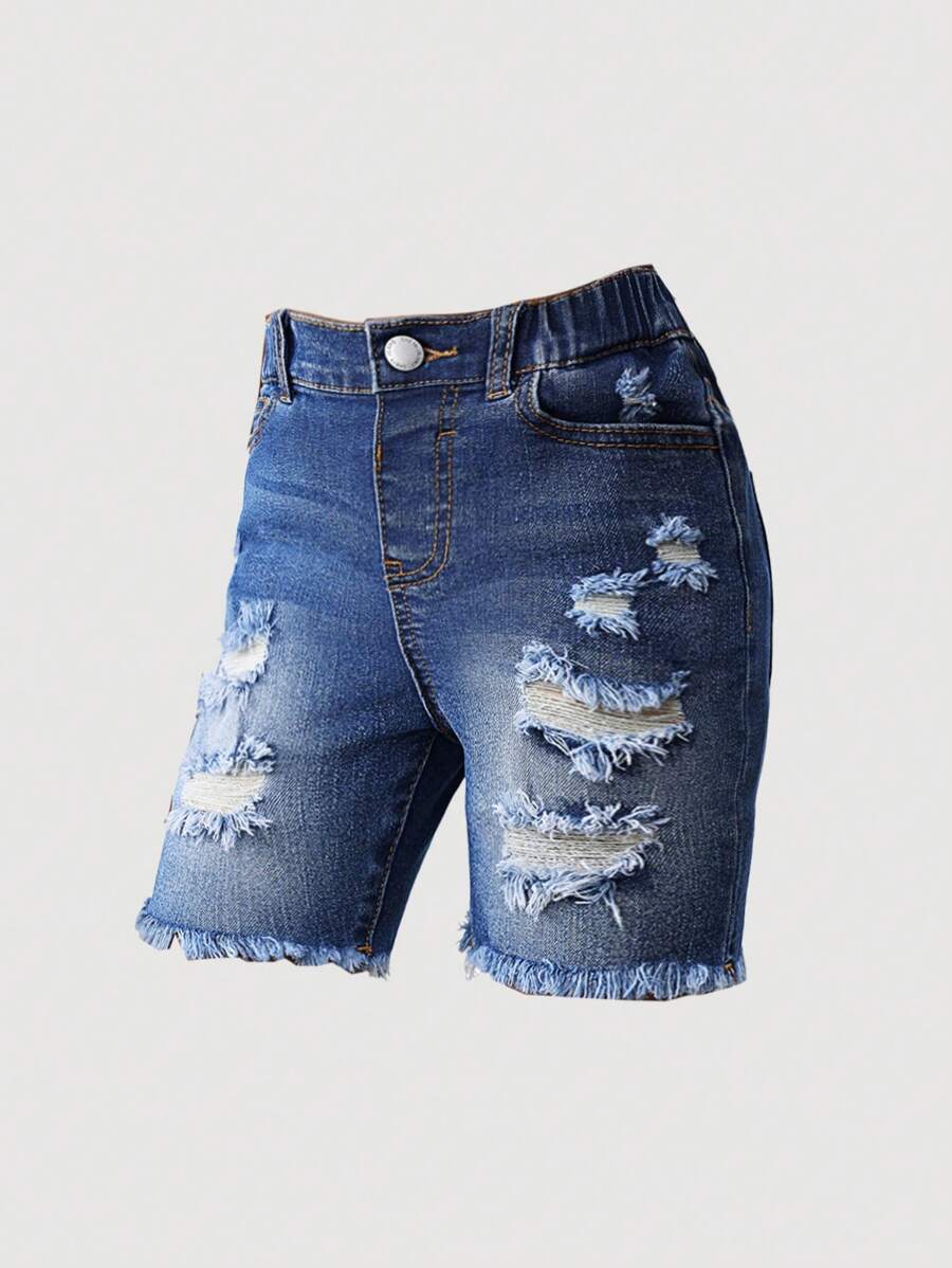 SHEIN Young Girl' Blue Elastic Skinny Ripped Denim Shorts, Spring And Summer Casual Vacation Country Boho Wear